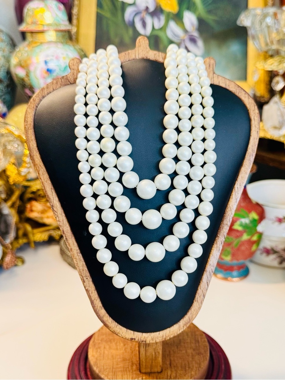 Vtg Celluloid 4-Strand Faux Pearl Statement Choker Necklace